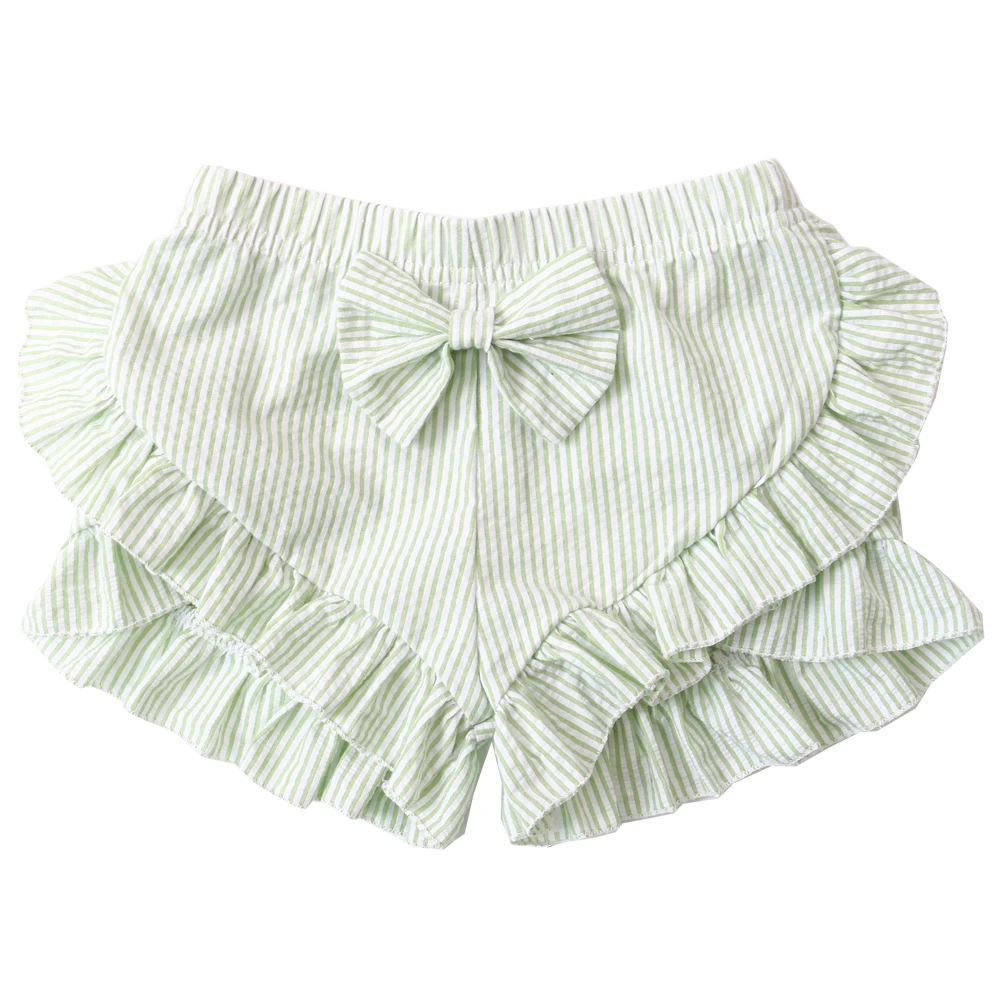 2022 summer boutique cotton cute girls solid seersucker elastic waist kids bow ruffle shorts