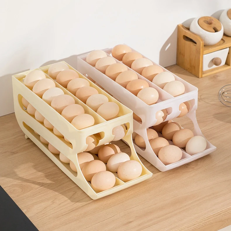 Kitchen organizer Slide rolling egg box refrigerator storage three-layer double-row automatic egg roller drop-proof