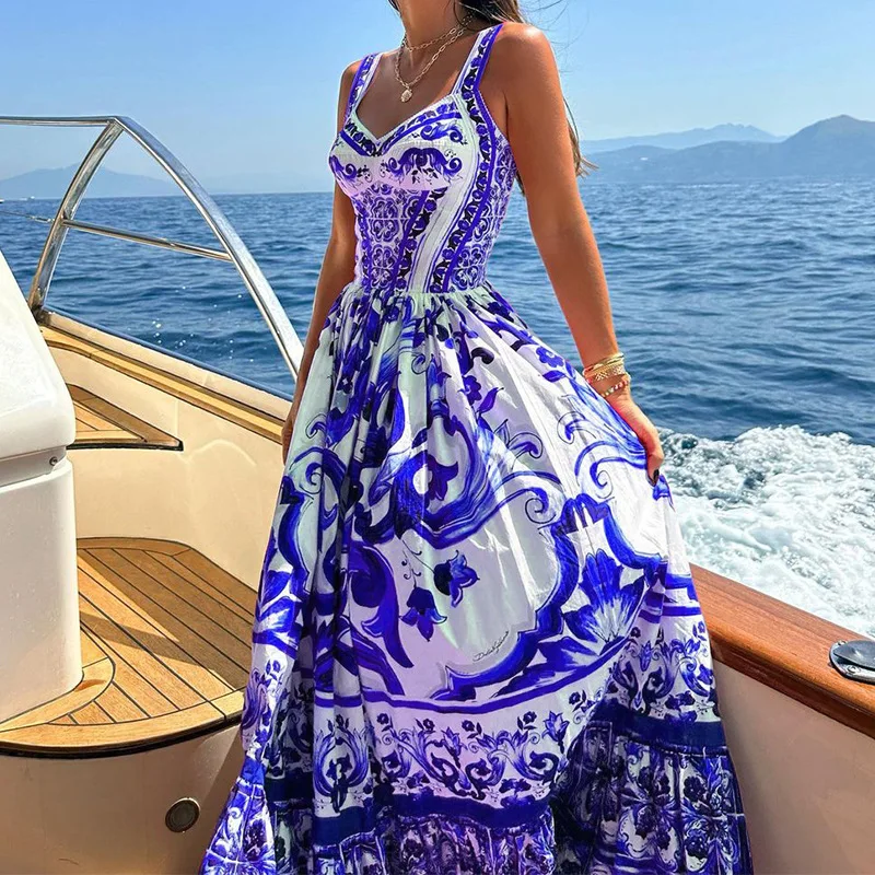Sleeveless Print A-Line Dress Summer Simple High Waist Maxi Dress Ladies Elegant Dresses Clothes Women Wholesale