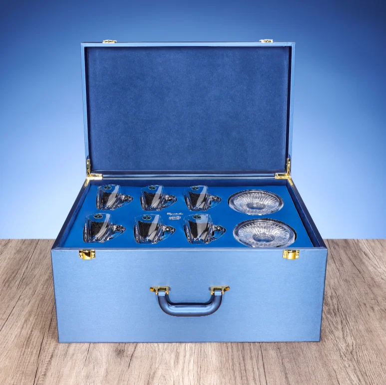Luxury Bohemia Crystal Glass Wear Cups and Saucers and Fruit Plate and Vases Leather Box Gift Set