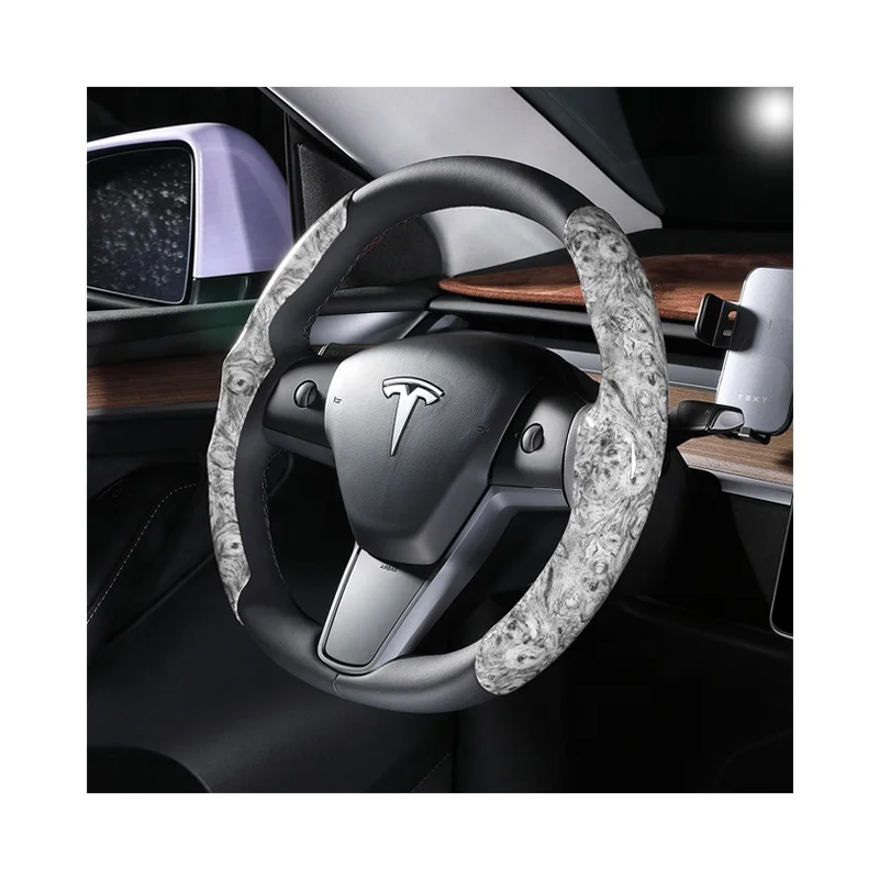 Luxury classic peach wood grain leather steering wheel covers for tesla model 3 y suede carbon fiber car handle case wholesale