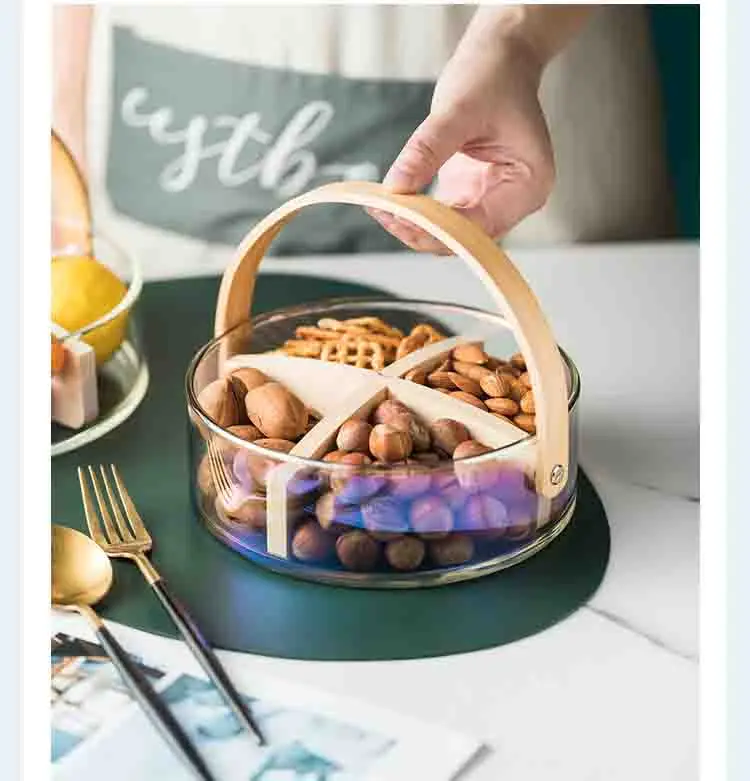 18.5cm Diameter Glass Fruit/Nut Plate with Bamboo Handle, Glass Basket by Clear Borosilicate