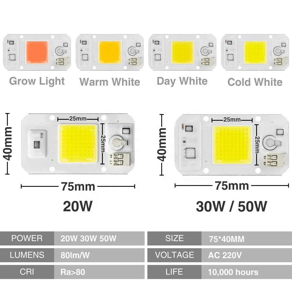 
Solderless Dimmable 220v Led COB 20W 30W 50W Full Spectrum Plant Grow Light COB Chip 