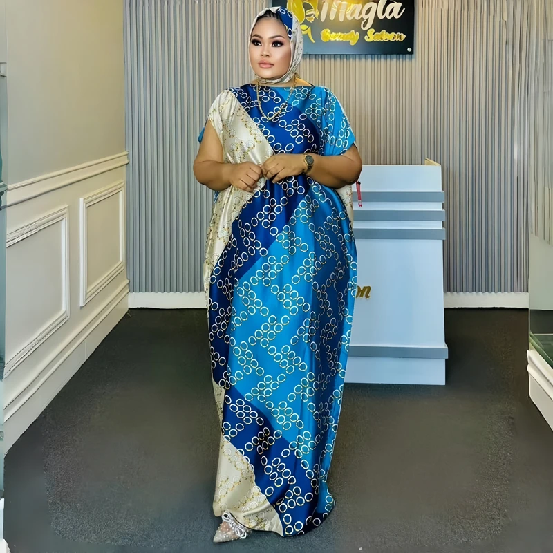 Wholesale luxury designer silk printed robes with headscarf ethnic style african loose women polyester silk muslim kaftans gowns
