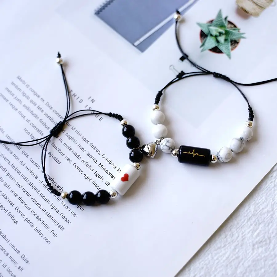 Heart Beat Magnetic Hand-made Stone beads Magnetic bracelet For Couple 2pcs/set ST245