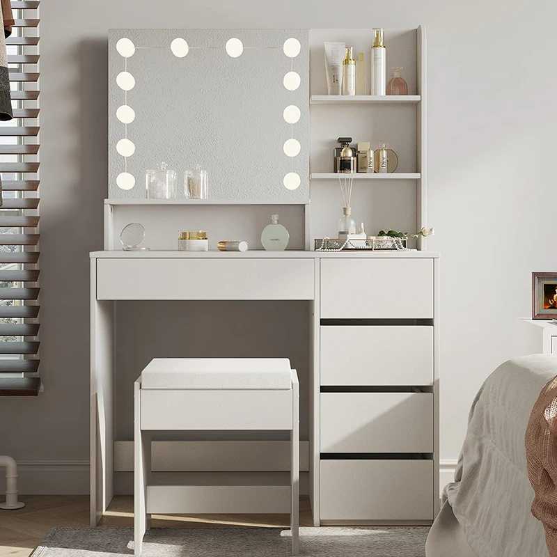 Makeup Vanity Table with Lighted Mirror, Large Vanity Desk with 5 Drawers Bedroom MDF Dressing Table With Mirror and Light