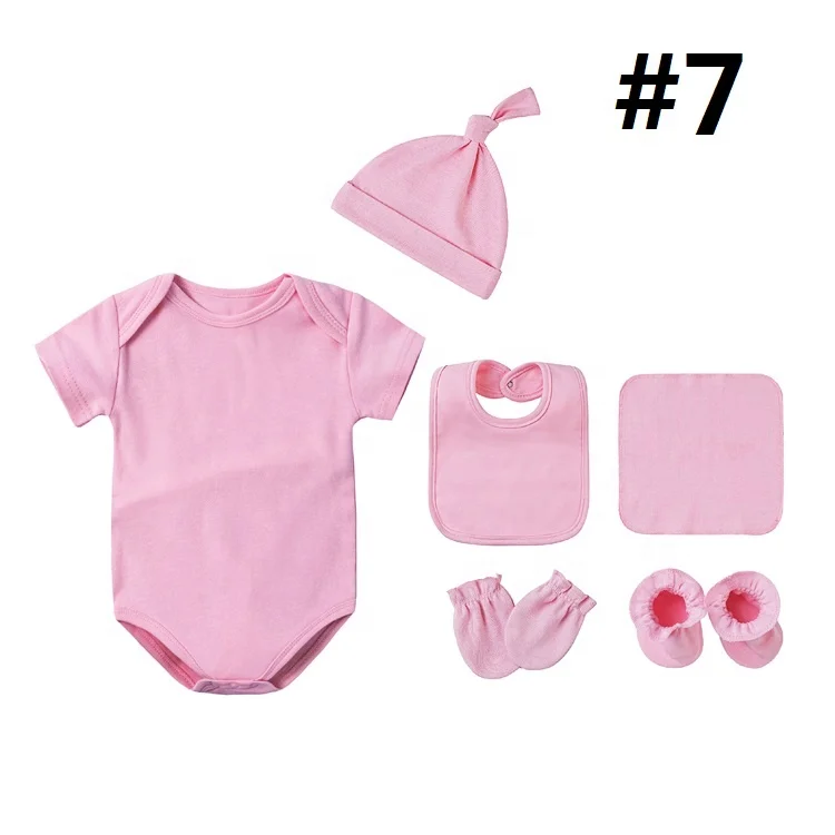 Custom Logo Newborn baby cotton clothes hat bibs socks mittens short sleeve baby romper set