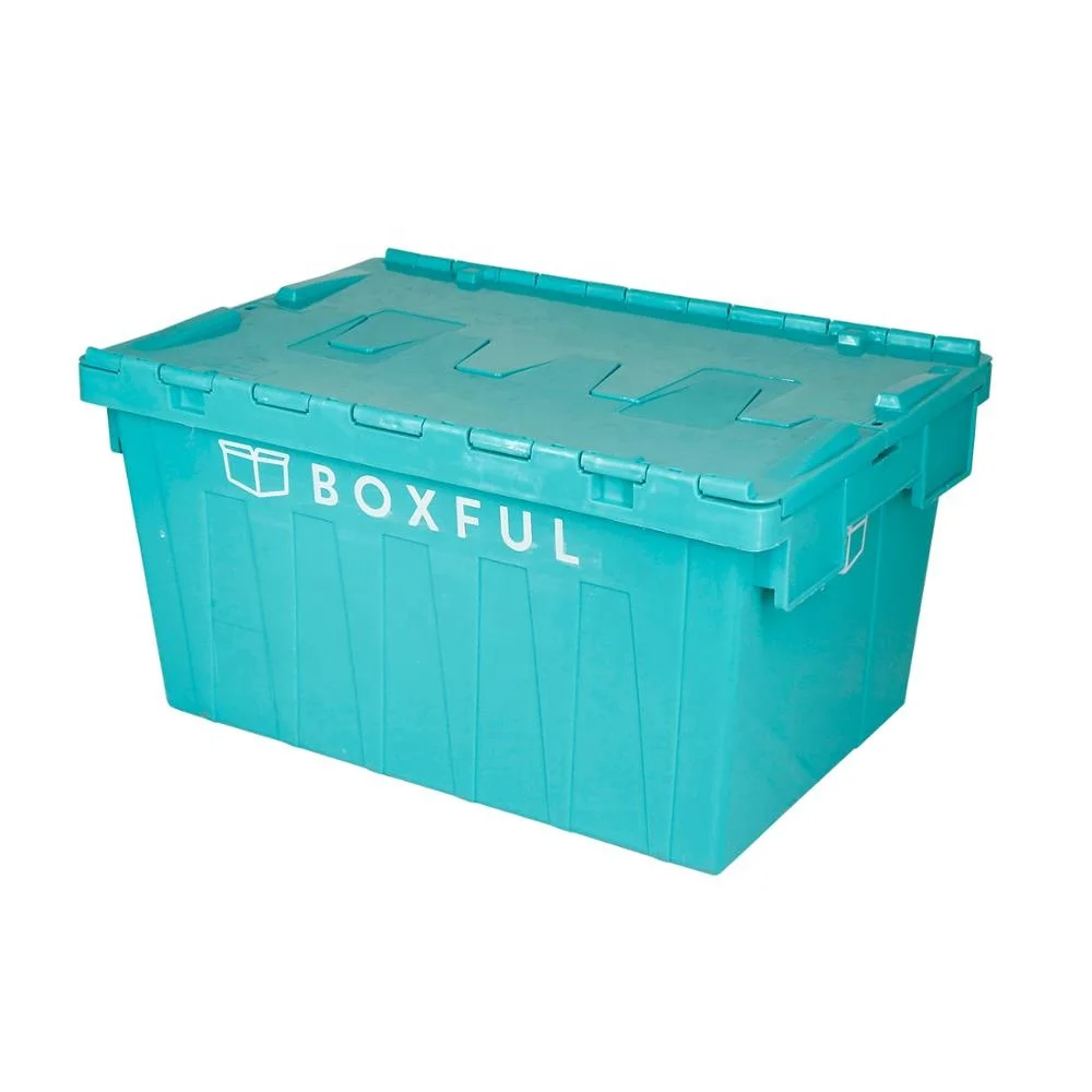 Plastic Attached Lid Container With Hinged Lid Plastic Moving Tote Boxes For Moving Company Nestable Moving Crate