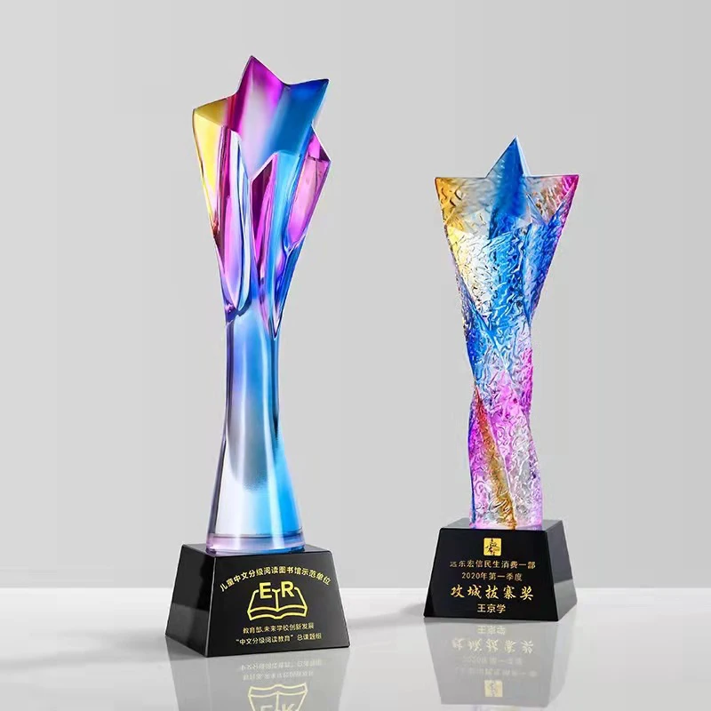 Crystal trophy colorful five-pointed star twisted pillar award souvenirs company school sports event reward engraved with names