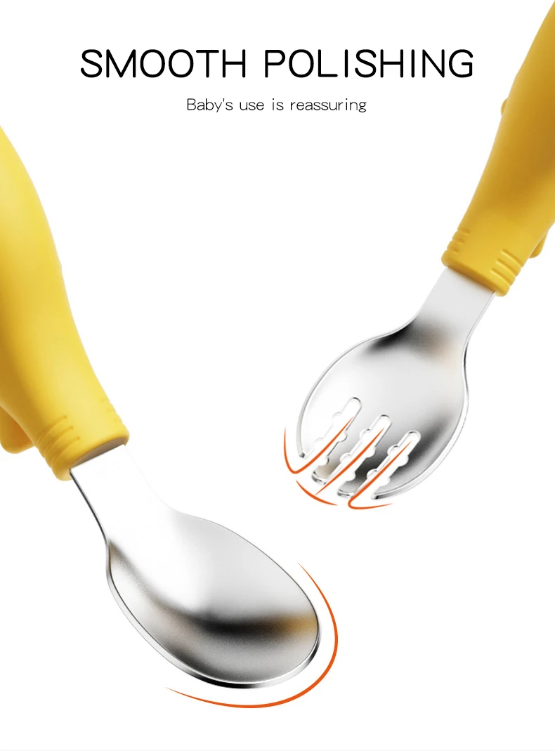 2024 Newest Food Grade Silicone Stainless Steel Metal Safty Elephant Spoon Fork Set with Holder for Baby Kid Eating Training