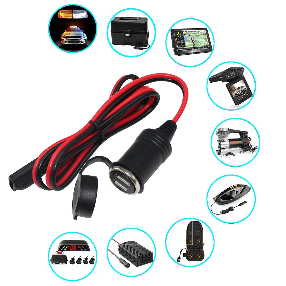 12v 24v Extension Cable Plug Power dual USB to Sae Car charger adapter cable for car cigarette lighter