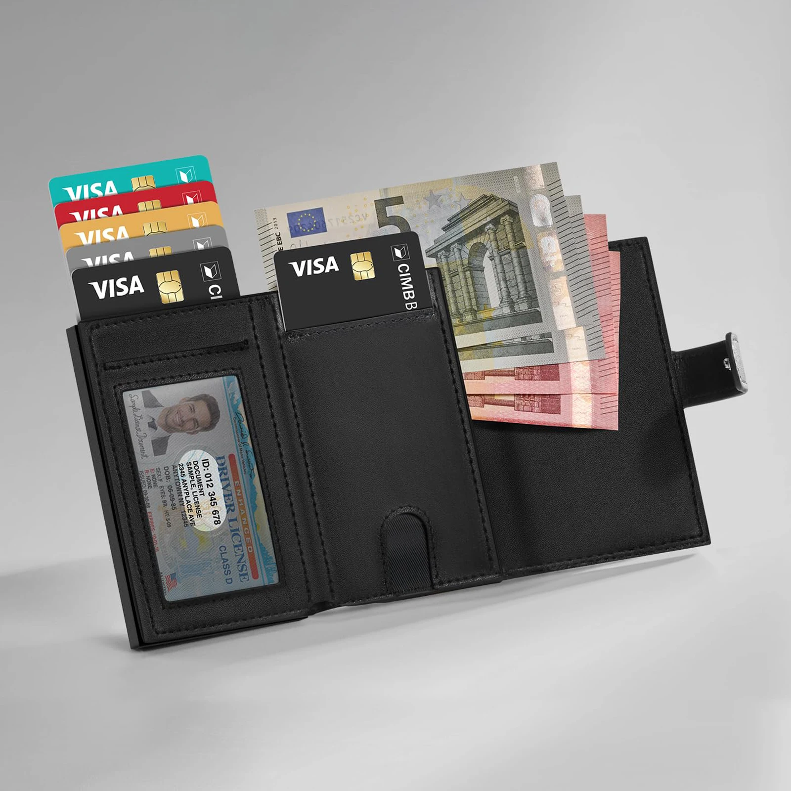 Factory Hot Sale Metal Pop Up Credit Card Holder Wallet Business Leather Card Case RFID Blocking Wallet With Zipper Coin Pocket