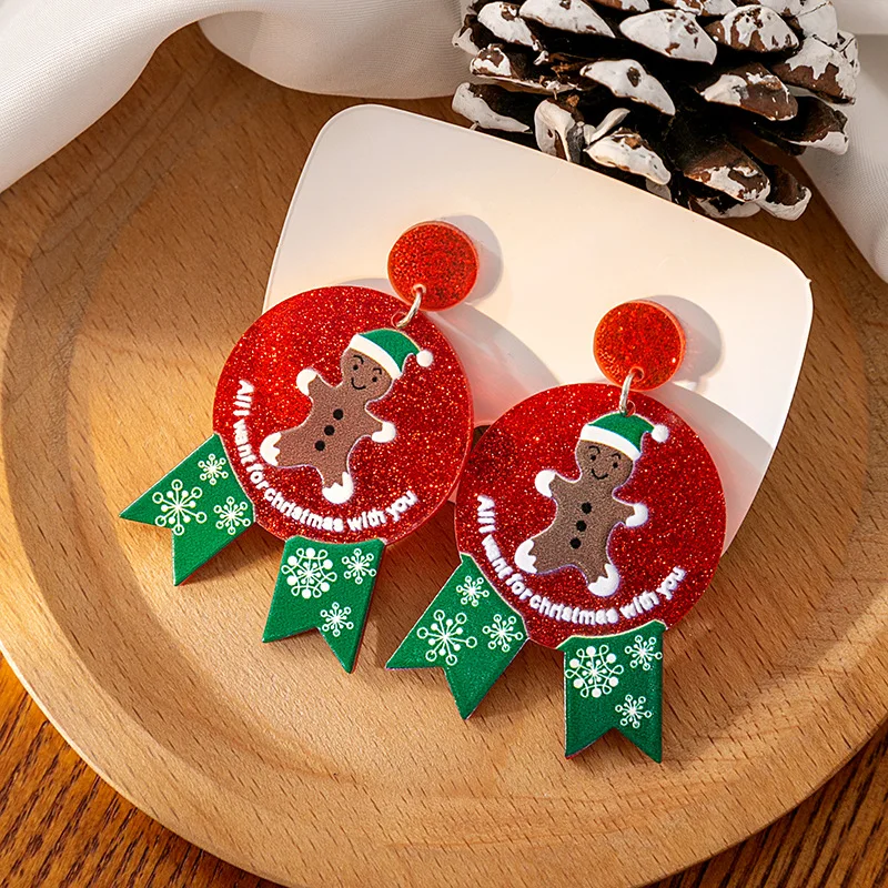 2024 New Fashion Sequin Acrylic Christmas Snowman Santa Dangle Earrings Cartoon Christmas Tree Earrings
