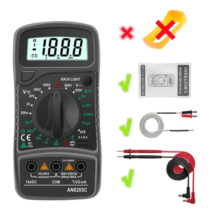 AN8205C Digital Multimeter AC/DC Ammeter Volt Ohm Tester Meter Multimetro With Thermocouple LCD Backlight Portable