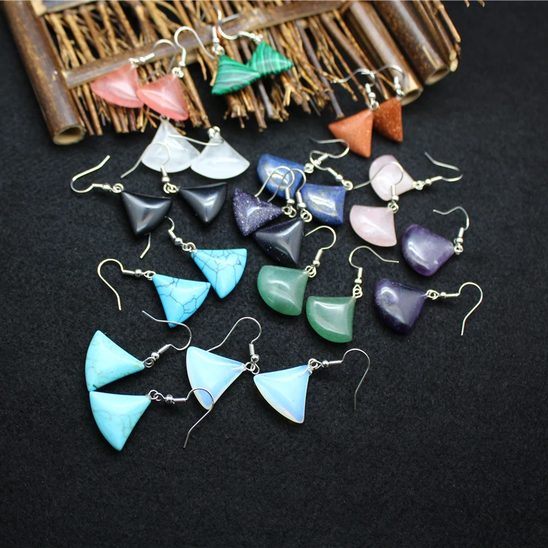 Wholesale Ethnic Wind Crystal Gemstone Earrings Amethyst Fan-shaped Earrings Healing Stone Ear Hook for Gift