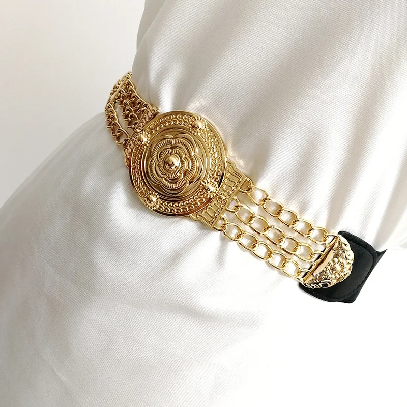 Europe and America elastic waist seal trend camellia metal chain belt lady sweater belt