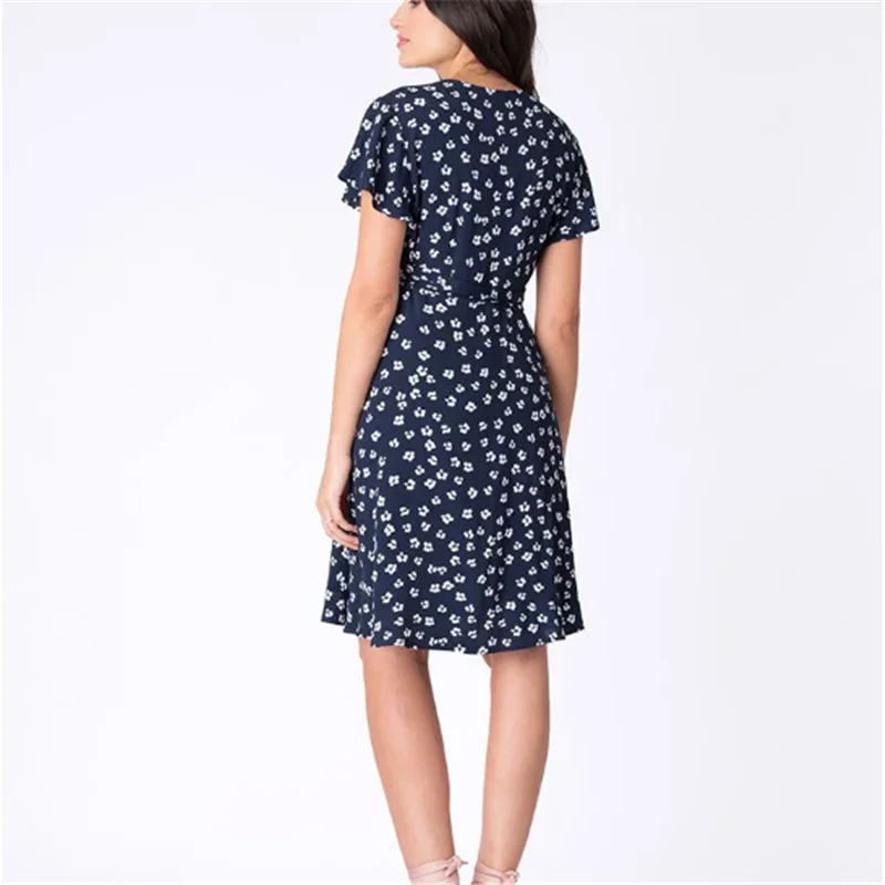 Navy Floral Wrap nursing breastfeeding clothes Maternity Dress woven midi dress