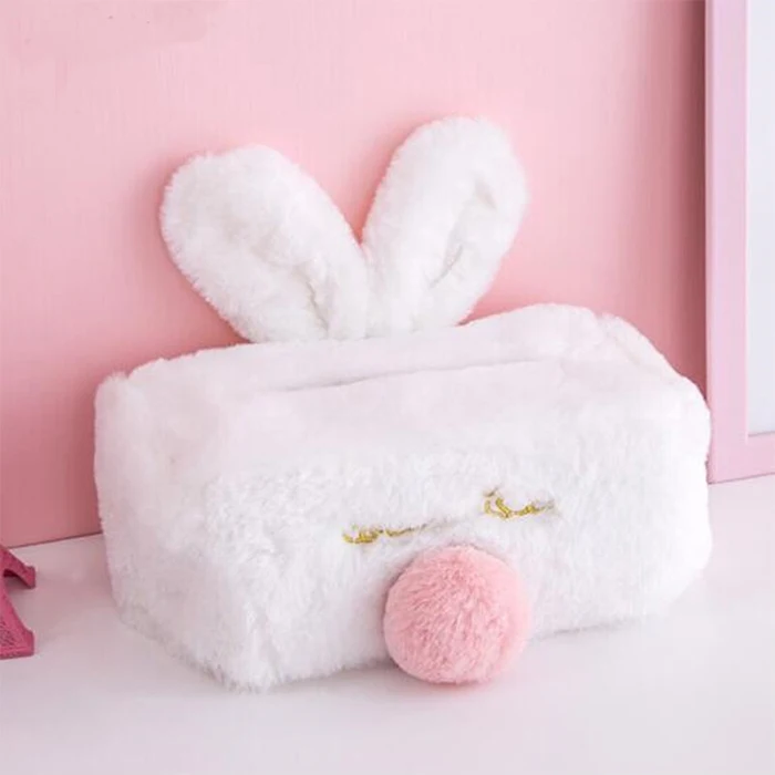 Kawaii Cute Portable Durable Room Rabbit Plush Car Home Square Tissue Box Paper Napkin Holder Case Cover