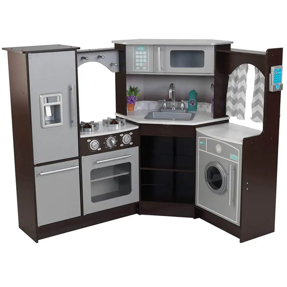 Retro Wooden Play Kitchen and Refrigerator 2-Piece Set with Faucet, Sink, Burners and Working Knobs, Pink, Gift for Ages 3+