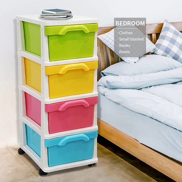 Home Living Room Bedroom Candy Colored 4 Layer Plastic Storage Drawer Cabinet Baby Kid Plastic Storage Box Drawer With Wheels