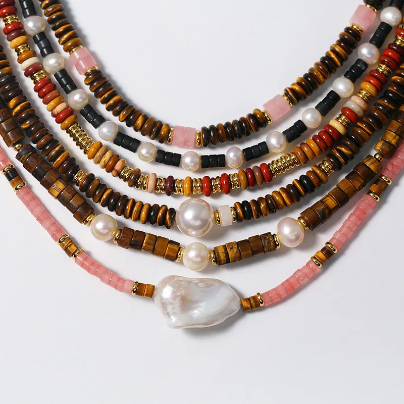 Minstone Bohemian Jewelry Necklace Colorful Natural Stone Natural Pearl Rope Chain Beaded Necklace for Women and Girls