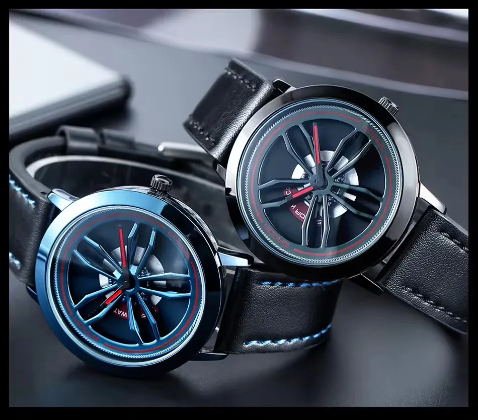 Sanda Rotating Car Wheel Dial Sports Watch Quartz Wristwatch Men Stainless Steel Case Leather Band Watch Relogio Masculino 1010