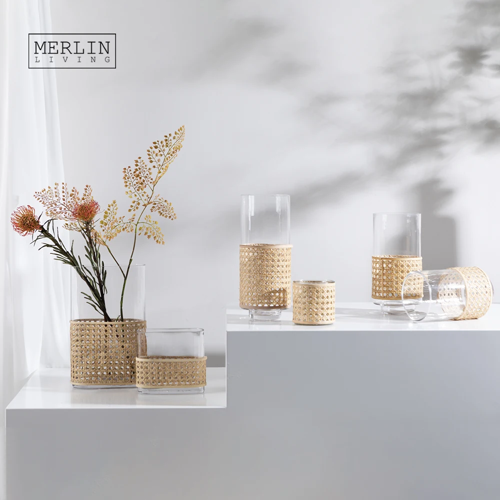 Merlin Living Rattan Glass Vase Decoration Rustic Garden Glass Flower Vase For Cylinder Glass Vase