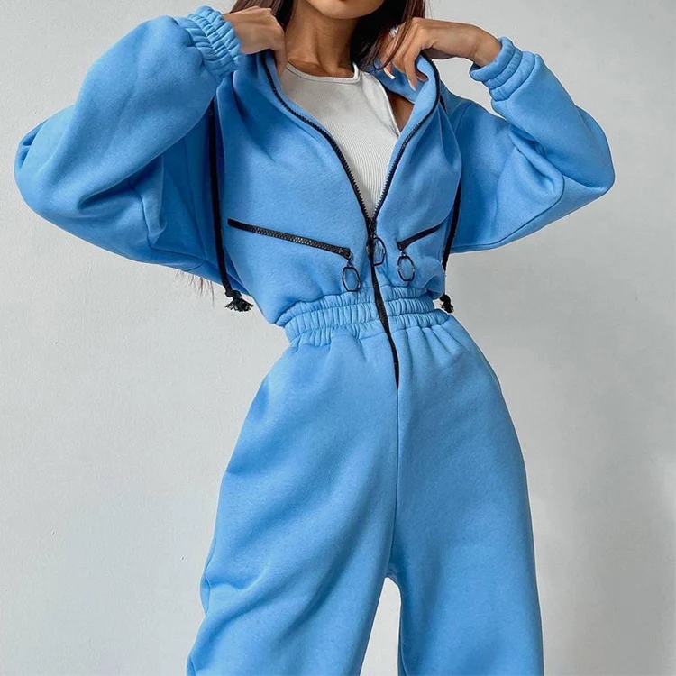 Fashion Women Casual Cotton Bodysuit Zip Up Hoodie Elastic Waist Jumpsuit