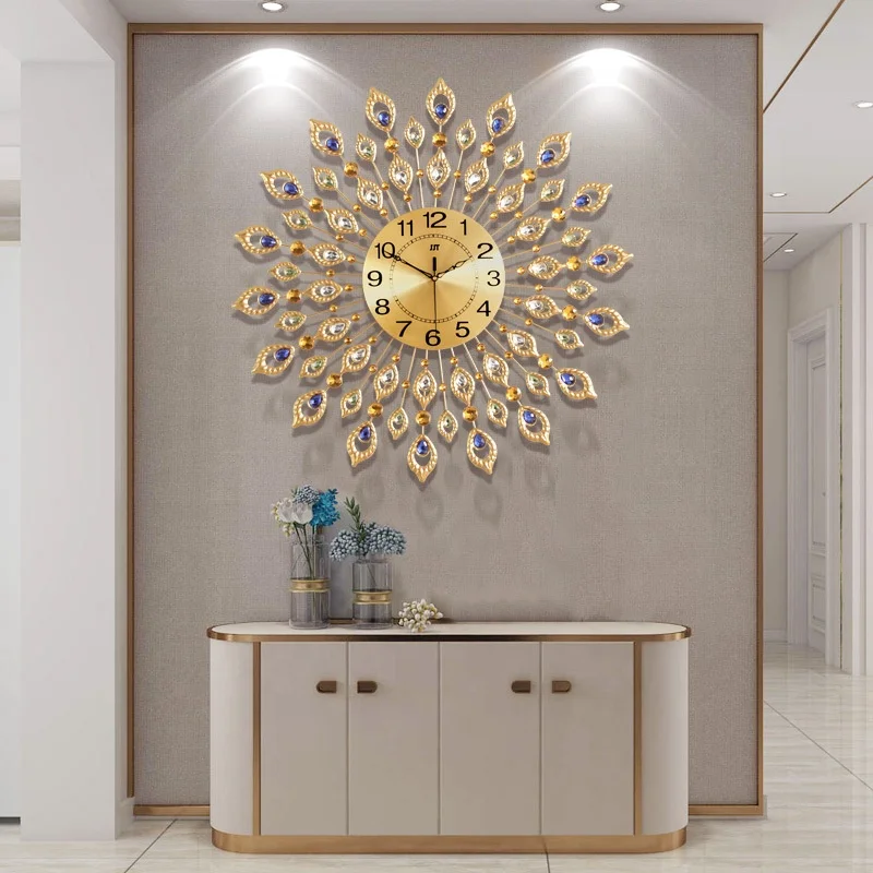 Modern Luxury Unique Sun Shape Creative Peacock Wall Clock Home Decor Fashion Quartz Wall Mounted Clock