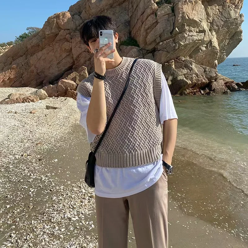 2023 Round neck sleeveless  Pullover Men Streetwear Knitted tank top Casual Couple Unisex Sweater vest