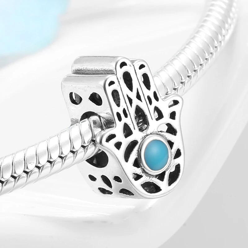 Real 925 sterling silver Blue Enamel Charm Fatima Hand Beads DIY Jewelry Fit Charm Bracelet Fashion jewelry Wholesale lots bulk