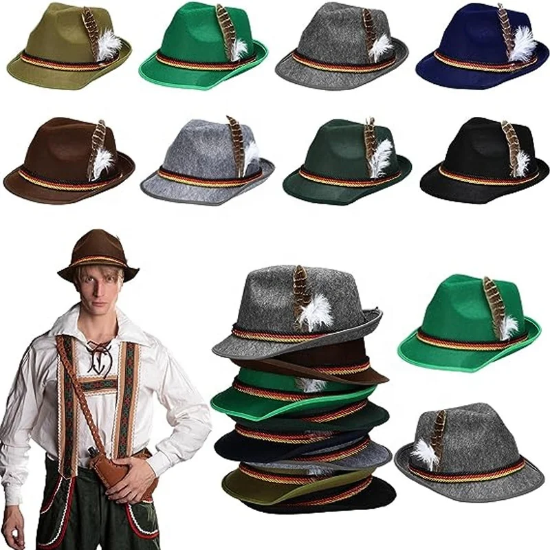 Unisex German Oktoberfest Bavarian Alpine Hat Gray Polyester with Striped Sequin Design for Party or Outdoor Festivals