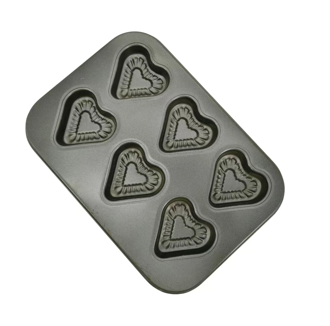 6 Cavity Non Stick Heart Mould Cake Baking Mold Grey Heart Shaped Muffin Pan Carbon Steel Mini Paper Cup Cake Heart Pastry Mold