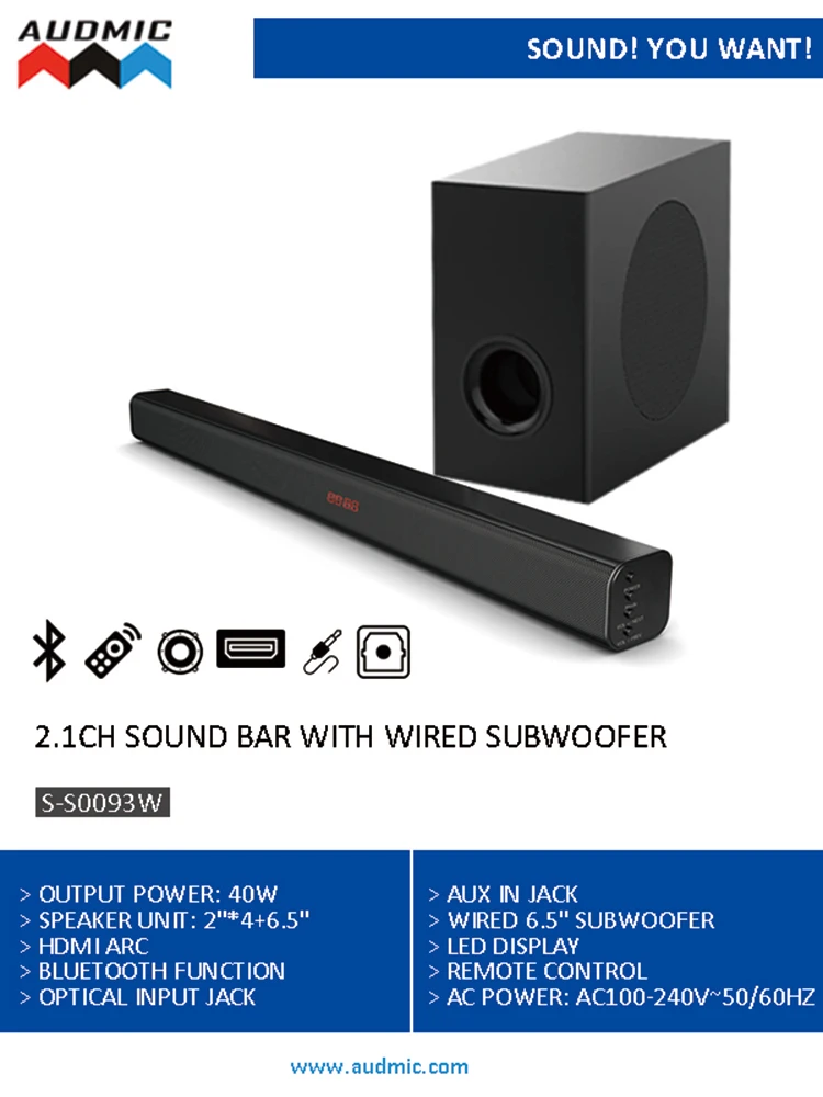 Best sound hifi 2.1 home tv sound bar home theater system with remote control and bluetooth