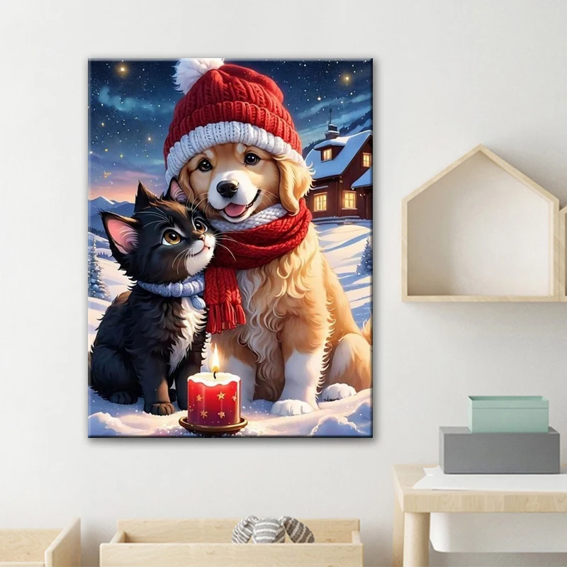 Christmas Series 5d Diy Animal Diamond Painting Dog and Cat Family with Christmas Hats Full Drill Custom Diamond Painting Sets