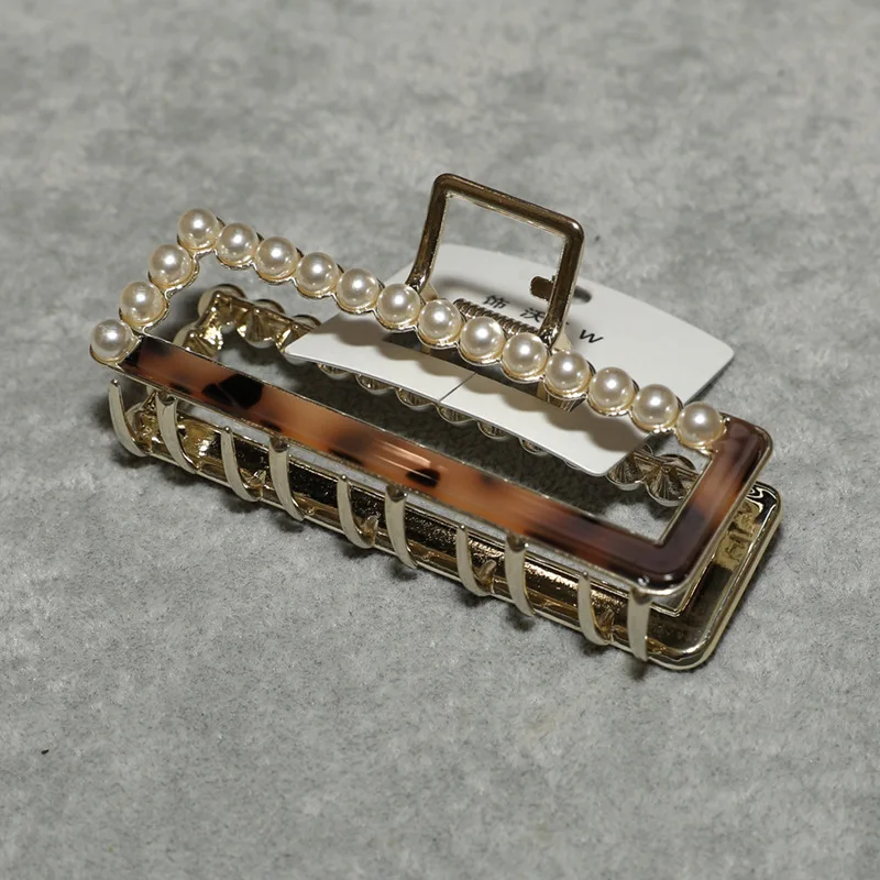 Women 9cm big large pearl Acetate Metal Alloy Square Hair Clip Claws