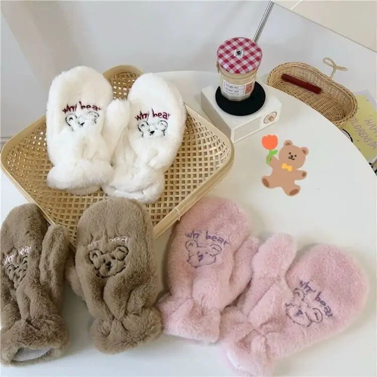 Женские милые толстые зимние плюшевые перчатки с милым медведем теплые для верховой езды варежки