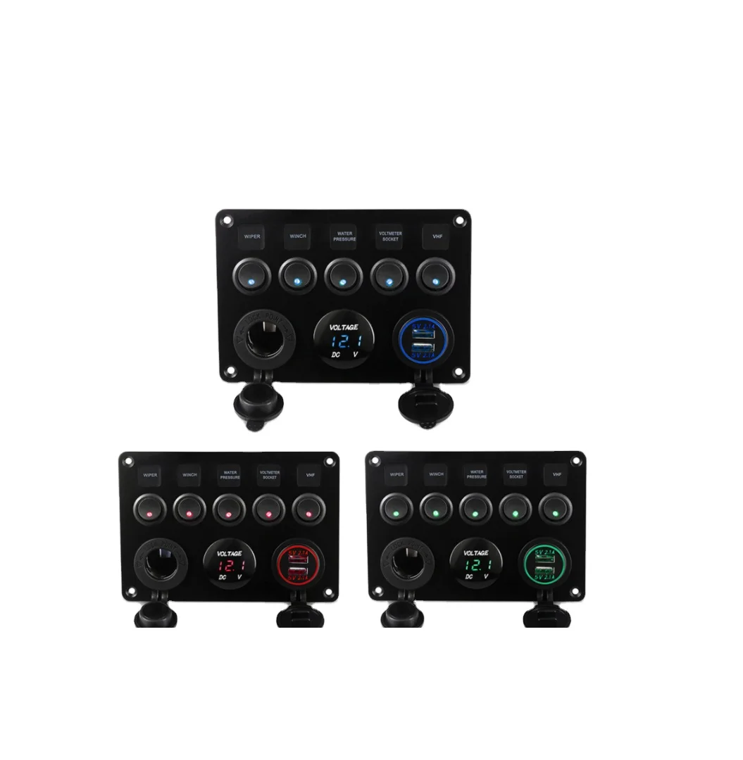 5 gang led round switch with power socket USB charger voltmeter For 12V 24V Car Boat Marine