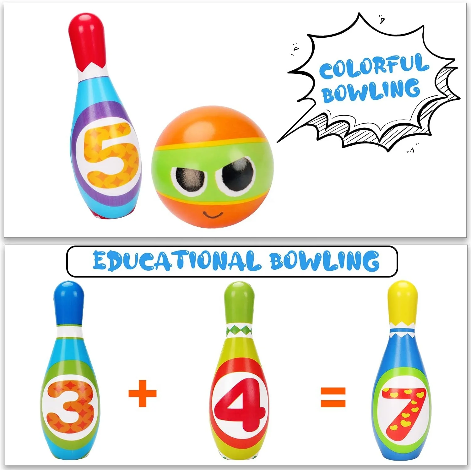 Kids Bowling Toy Set for Toddler 10 Colorful Soft PU Foam Ball Printed with Number Developmental Indoor Outdoor Toy