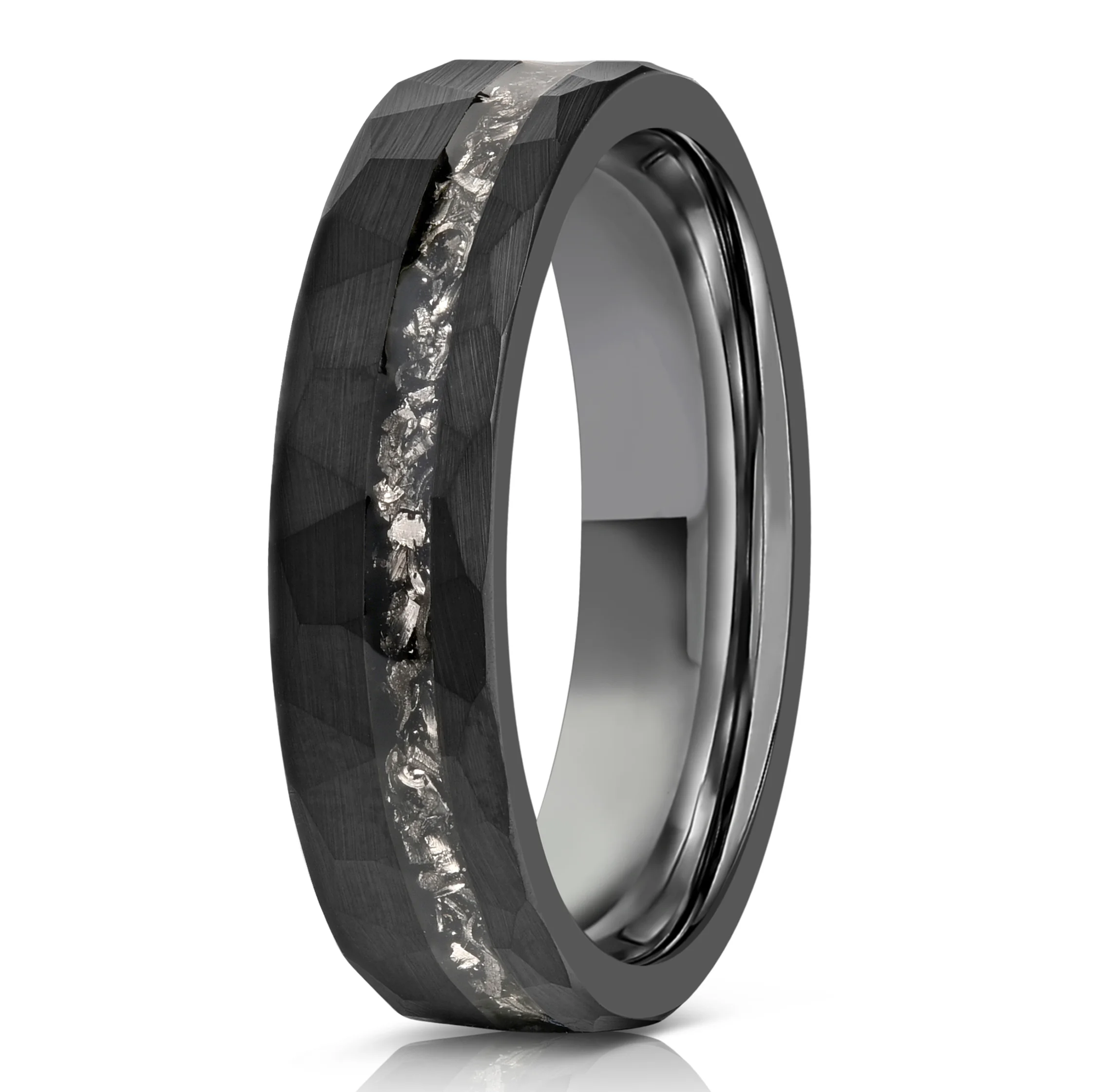 MENS HAMMERED TUNGSTEN CARBIDE RING- SILVER WITH METEORITE- 8MM