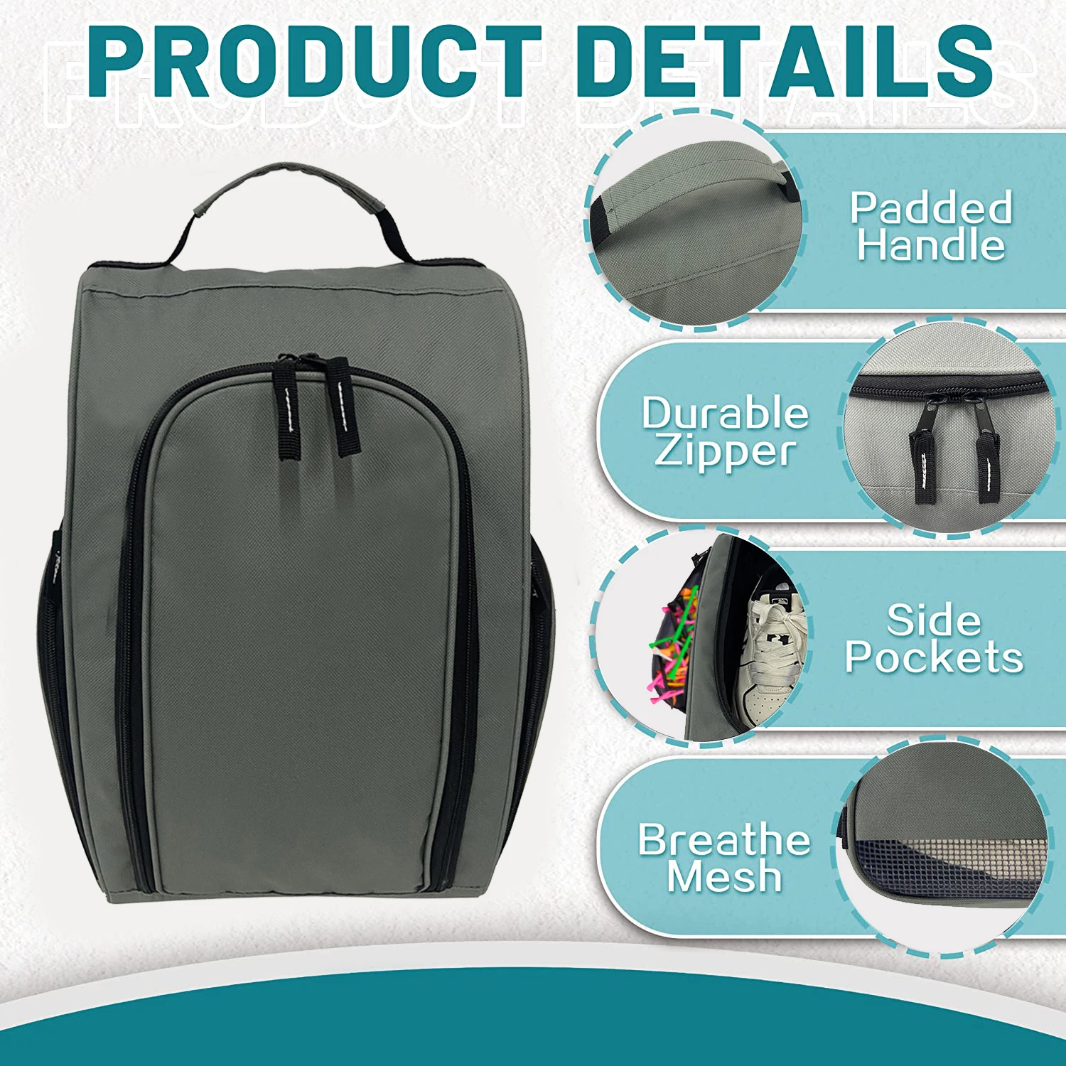 2024 New Product Golf Shoe Bag Zippered Sport Shoe Carrier Bags with Side Accessory Pockets for SocksCustom Waterproof Gray Nylo