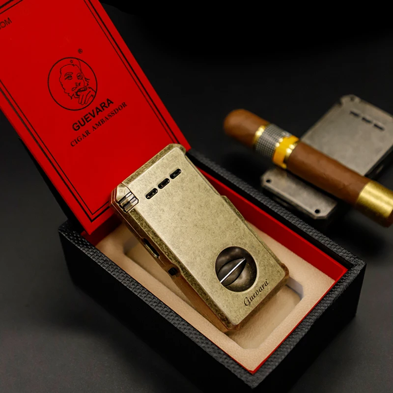 Luxury Refillable Butane Torch Cigar Lighter with Cigar V Cutter