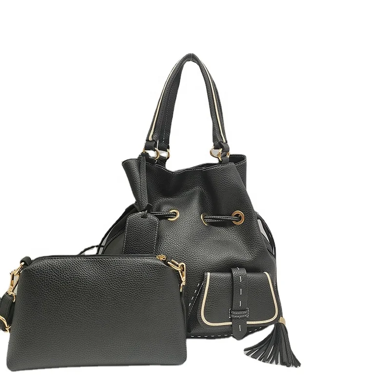2022 Fashion Women Customize Logo Wholesales Handbags Tassel Bucket Bags Set Leather Bags