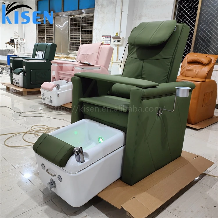 Kisen Good Quality Custom Color Green Reclining Massage Manicure Chairs Foot Spa Luxury Pedicure Chair For Nail Beauty Salon