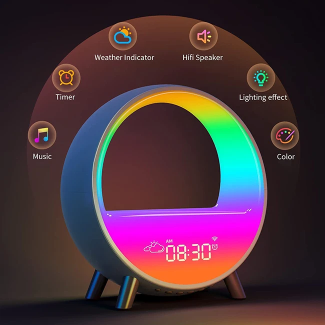 Banqcn night light smart led ambiance lamp with fast wireless charger bt speaker digital clock and weather display