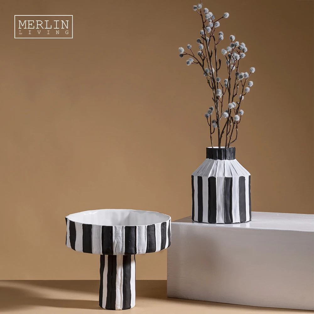Merlin Living home decoration modern ceramic Morandi vase Nordic striped black and white vase for ceramic vase