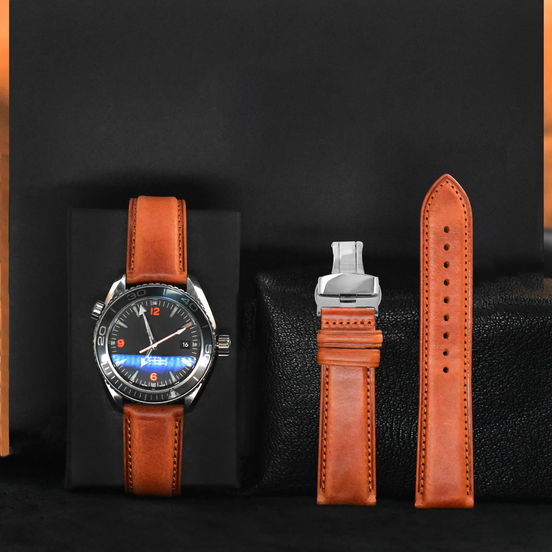 Steel butterfly buckle first layer cowhide leather watch strap accessories Italy high-end oil wax leather strap