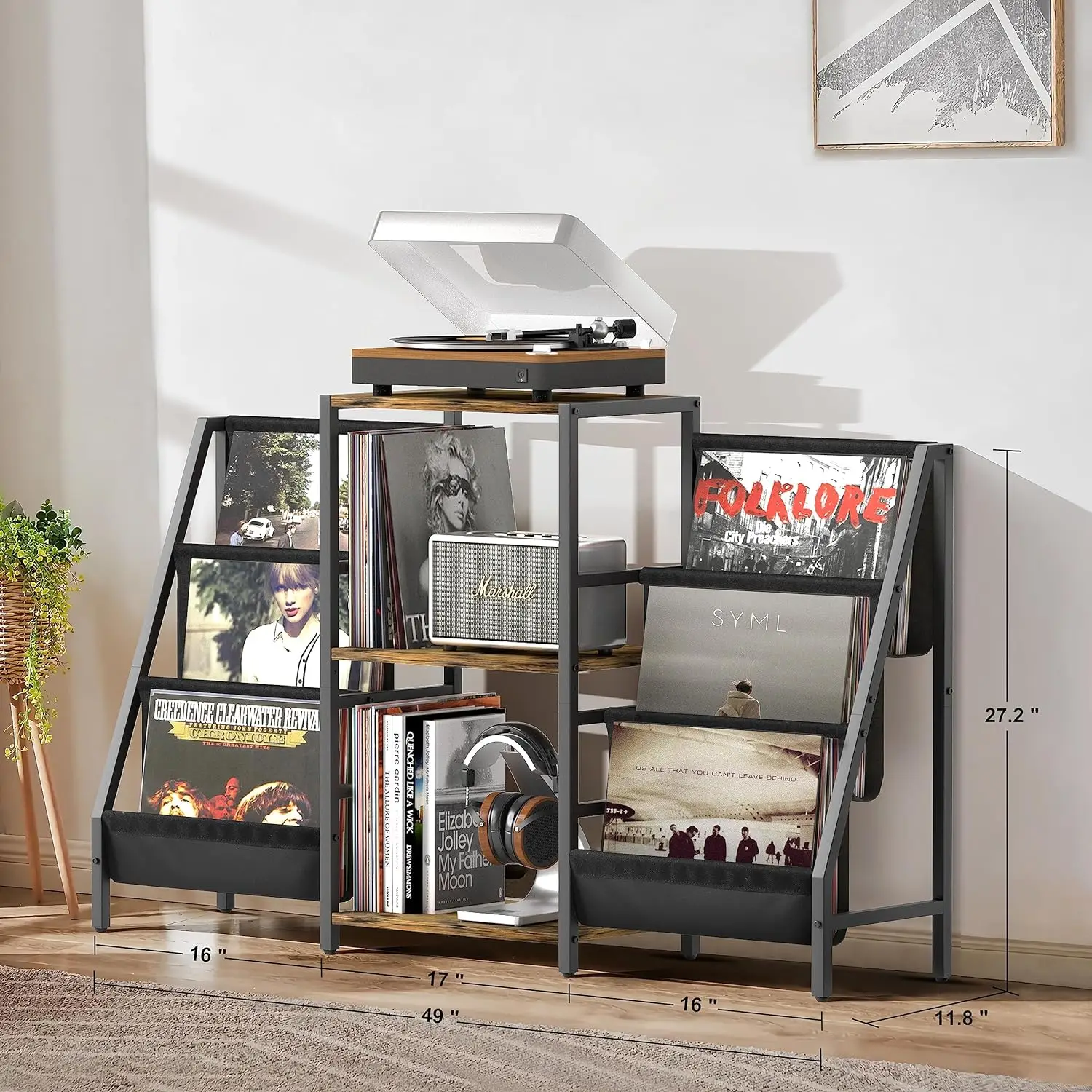 Rustic Home Living Room Furniture Steel Wood Holder Vinyl Display Shelf Cabinet Media Stereo Storage Table Record Player Stand