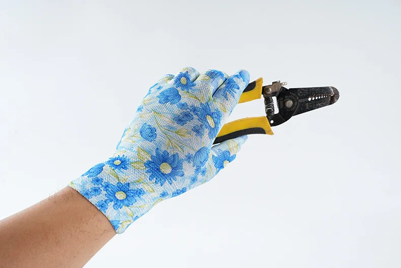 Nylon printed PU coated palm gloves Breathable wear-resistant anti-static protective gloves for women working thin 13 stitches