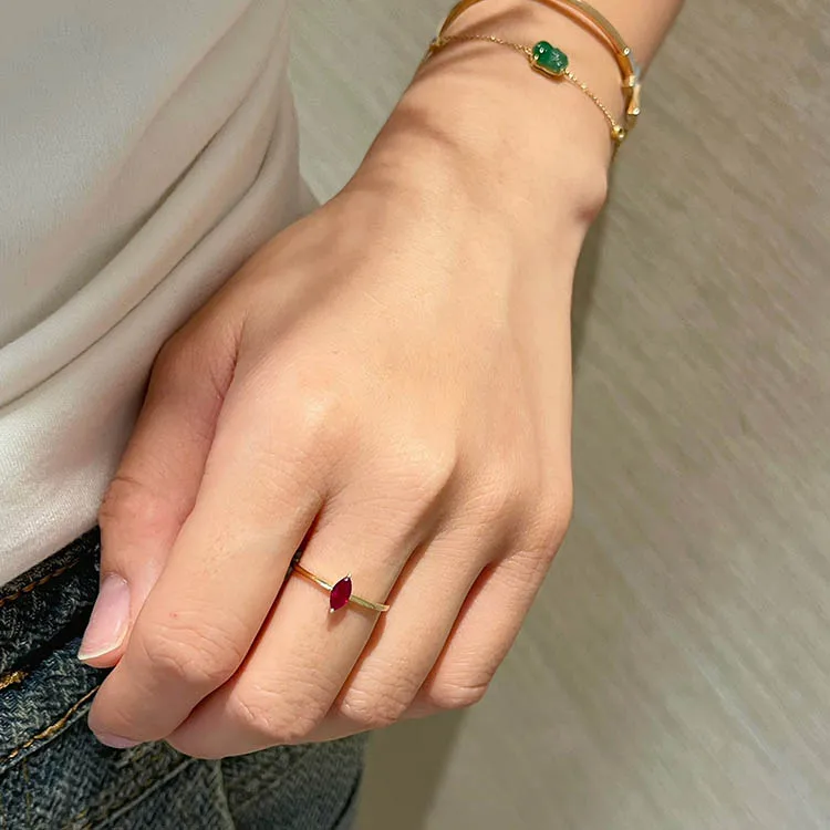 Xinfly Jewelry Design Minimalism 18k Real Gold Natural Ruby Gemstone Marquise Rings